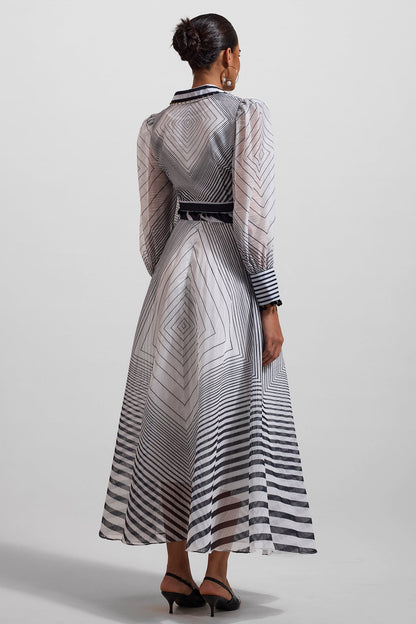 Stripe Lace Up Long Sleeve Top & Mid Waist Pleat Midi Skirt Set