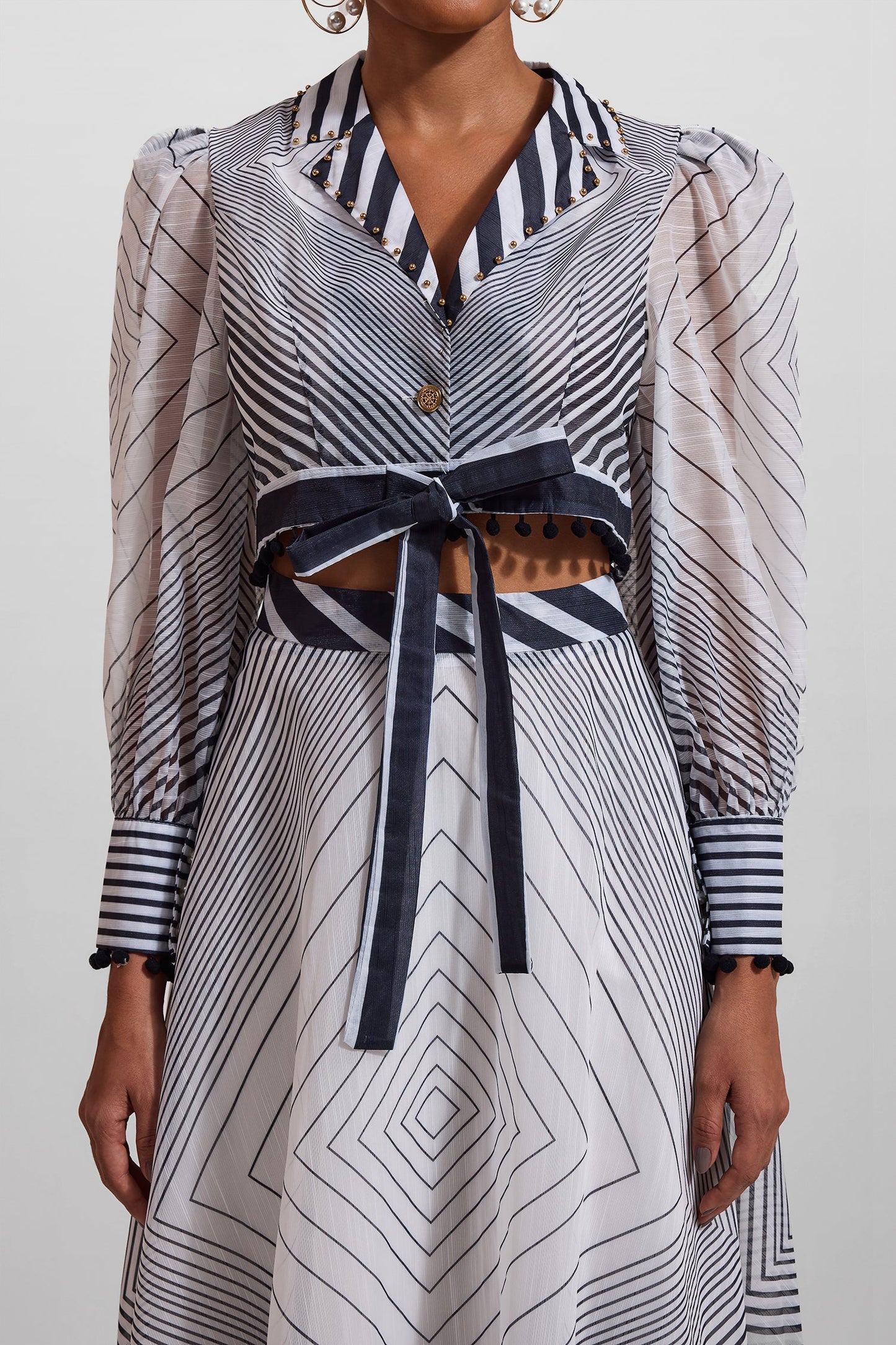 Stripe Lace Up Long Sleeve Top & Mid Waist Pleat Midi Skirt Set
