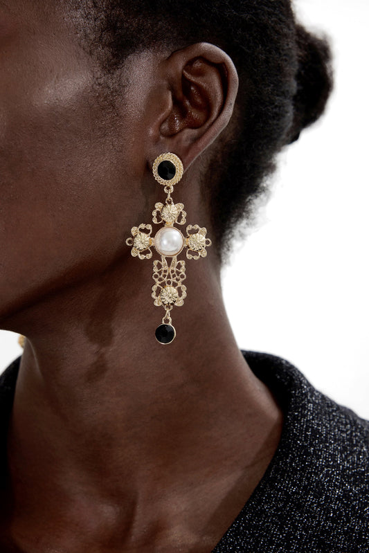 Faux Pearl Metal Cross Shape Drop Earrings