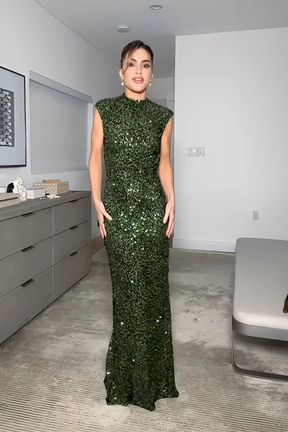 High Neck Open Back Sequin Column Maxi Gown