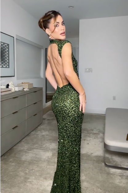 High Neck Open Back Sequin Column Maxi Gown
