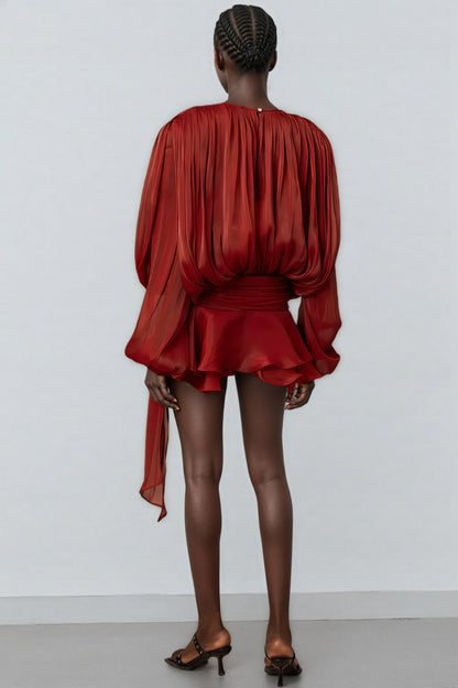 Theodosia Red Pleated Ruffle Mini Dress