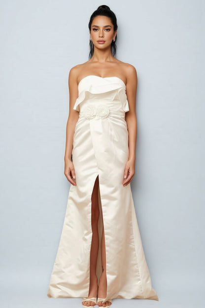 Jiusi White Floral Appliqued Satin Maxi Dress