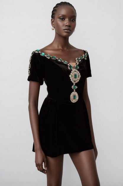 Ivy Black Velvet Embellished Mini Dress