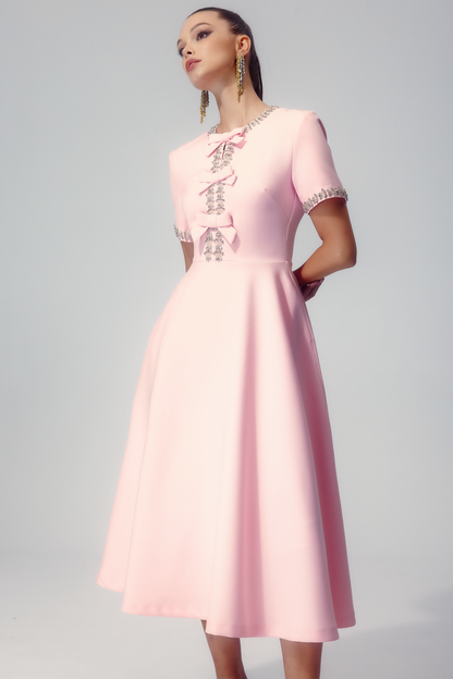 Rhinestone Trim Round Neck Bow Embellished Crystal Cuff A-Line Midi Dress