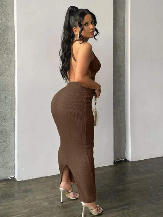 Backless Long Sleeve Brown Midi Dress