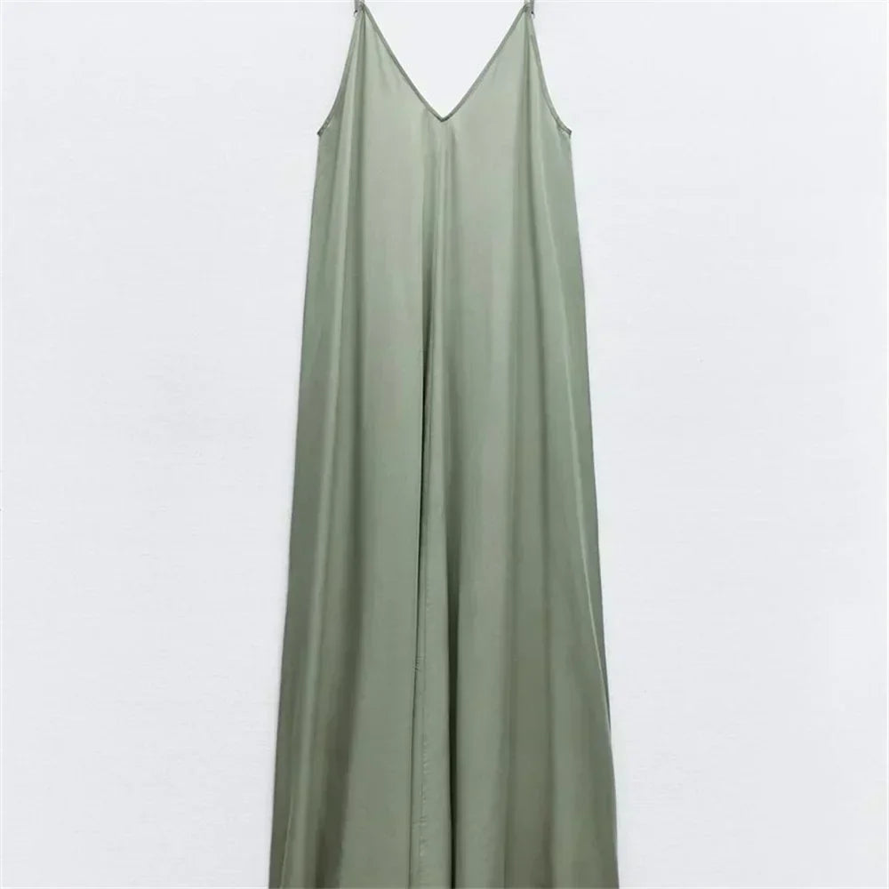 Deep V Neck Spaghetti Strap Center Pleat A-Line Midi Dress