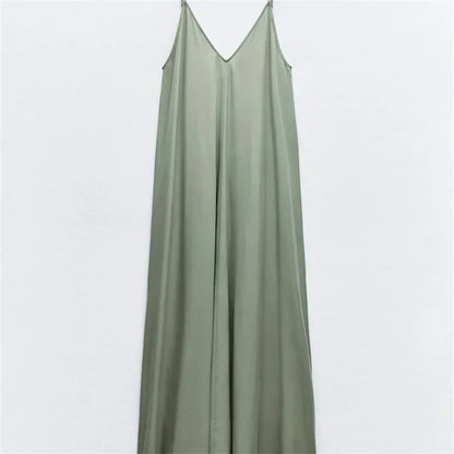 Deep V Neck Spaghetti Strap Center Pleat A-Line Midi Dress
