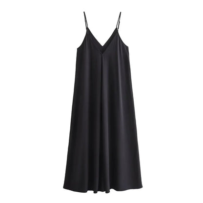 Deep V Neck Spaghetti Strap Center Pleat A-Line Midi Dress