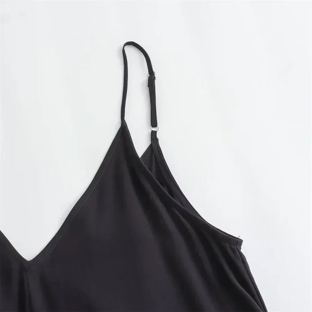 Deep V Neck Spaghetti Strap Center Pleat A-Line Midi Dress