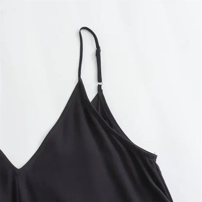 Deep V Neck Spaghetti Strap Center Pleat A-Line Midi Dress