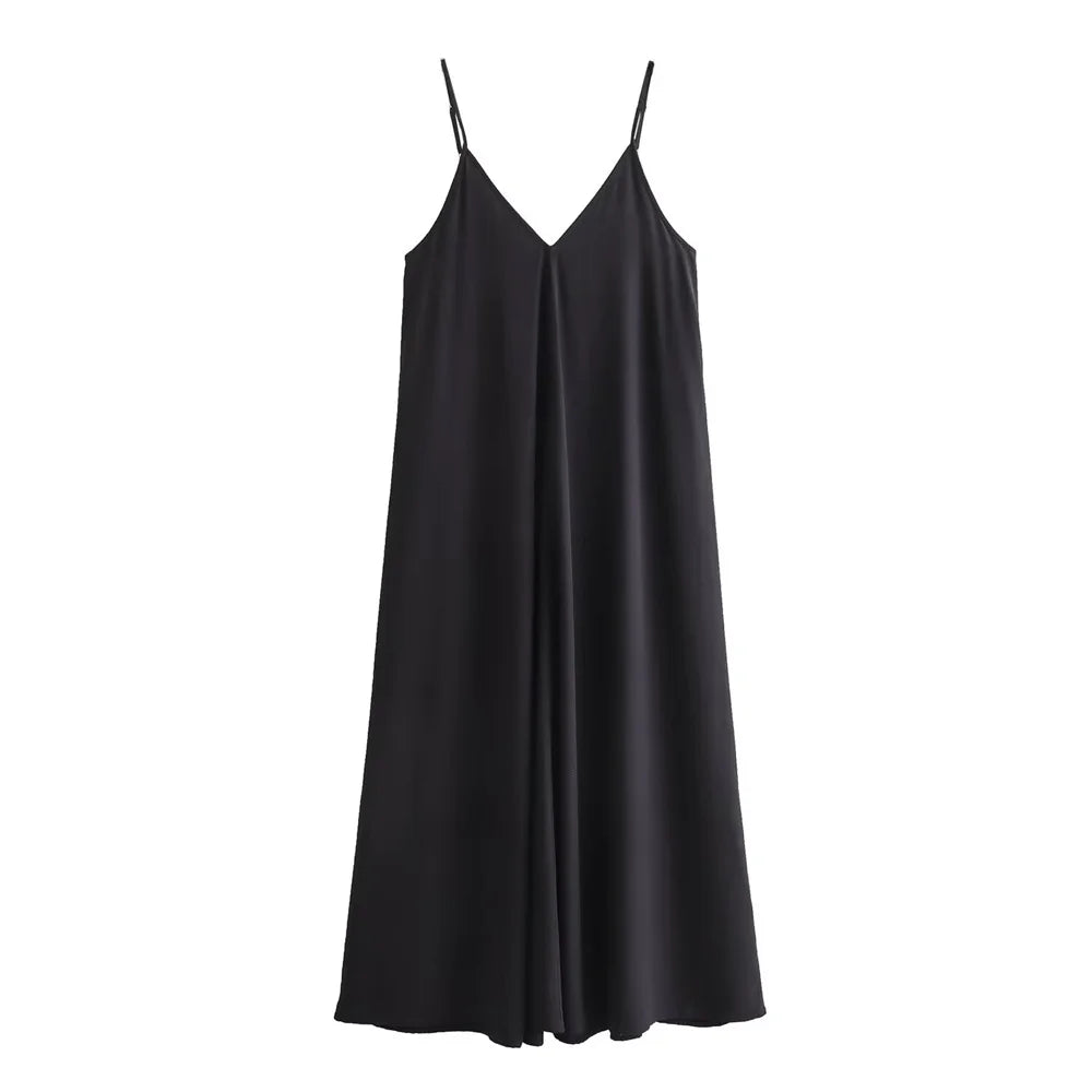 Deep V Neck Spaghetti Strap Center Pleat A-Line Midi Dress