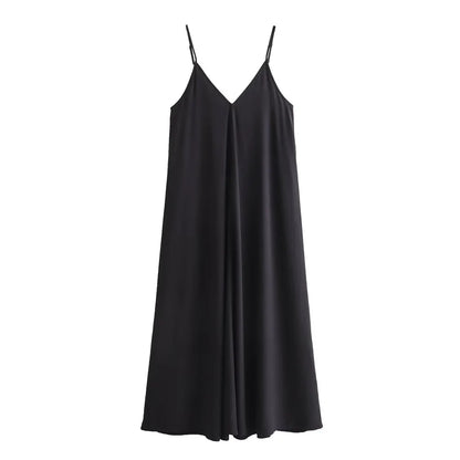 Deep V Neck Spaghetti Strap Center Pleat A-Line Midi Dress