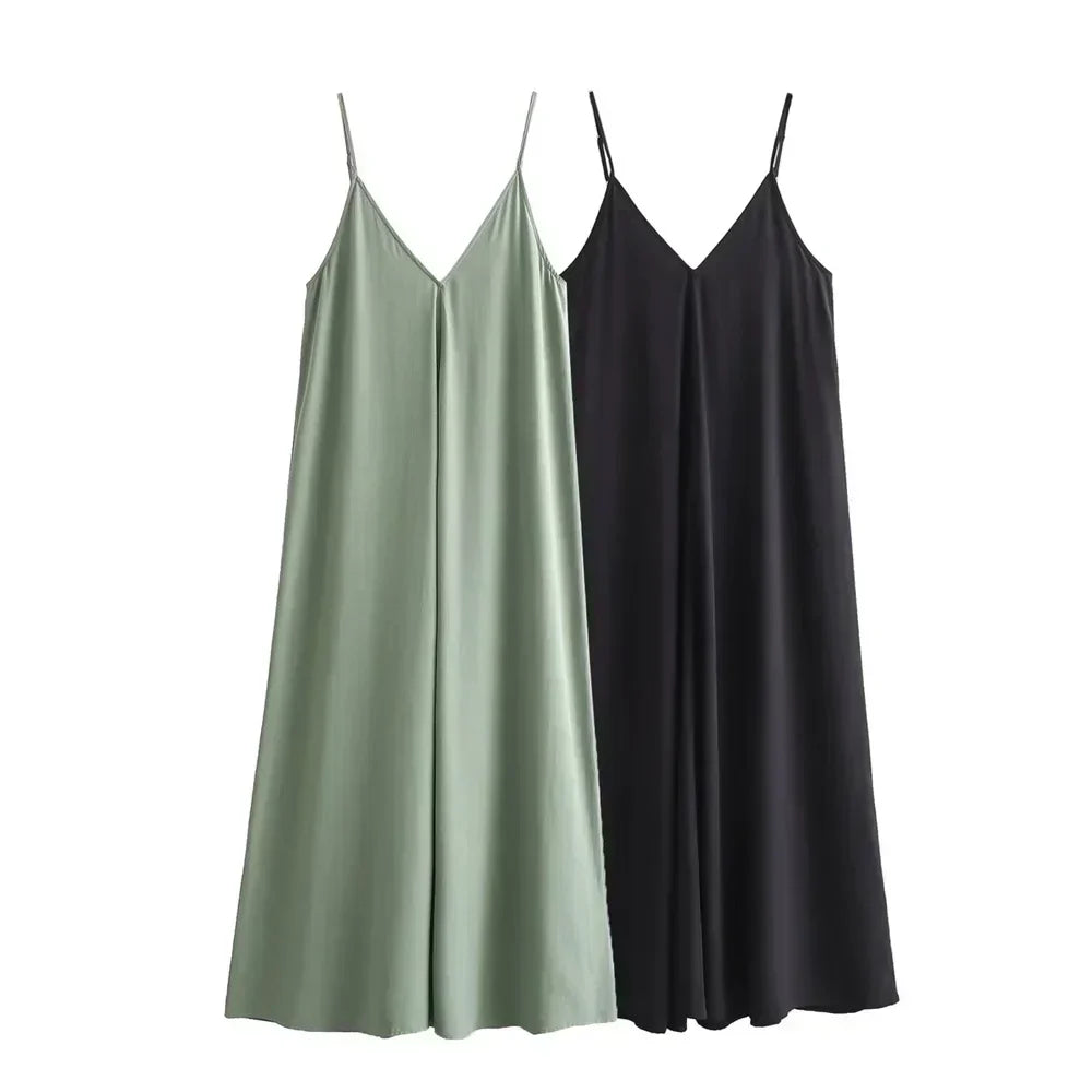 Deep V Neck Spaghetti Strap Center Pleat A-Line Midi Dress