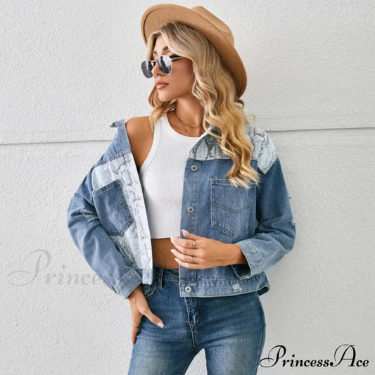 Autumn Denim Stand Collar Patchwork Slim Fit High Waist Jacket