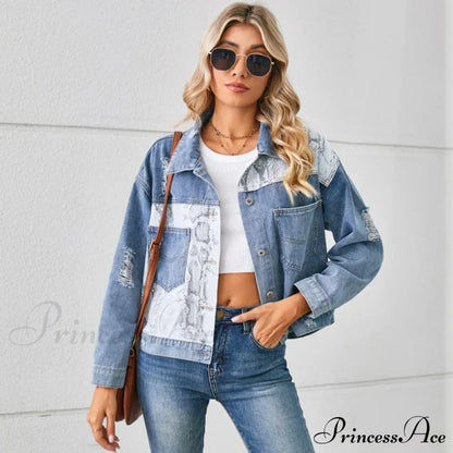 Autumn Denim Stand Collar Patchwork Slim Fit High Waist Jacket