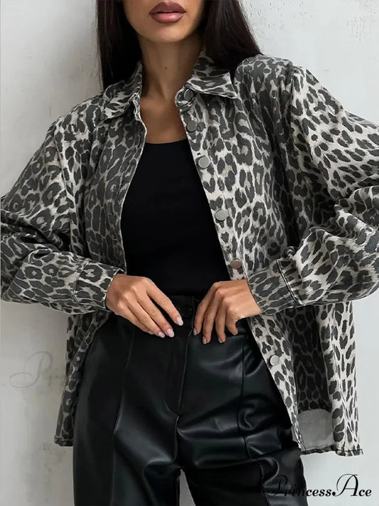 Autumn Winter New Denim Long-sleeved Leopard Stitching Slim Fit Jacket