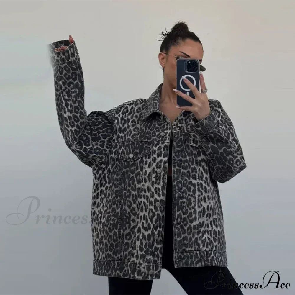 Autumn Winter New Denim Long-sleeved Leopard Stitching Slim Fit Jacket