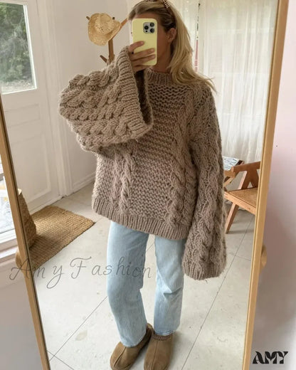 2024 Autumn Winter Oversize Knit Pullover Women Casual Lazy Round Neck Sweater