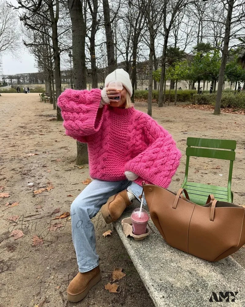 2024 Autumn Winter Oversize Knit Pullover Women Casual Lazy Round Neck Sweater