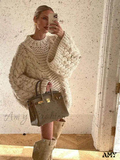 2024 Autumn Winter Oversize Knit Pullover Women Casual Lazy Round Neck Sweater