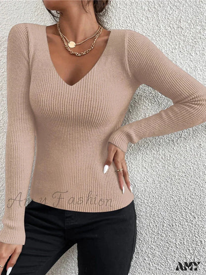 2024 Autumn Winter Women Solid Rib Knit V Neck Stripe Pull Femme Y2K Long Sleeve Fashion Tops Cozy Sweater