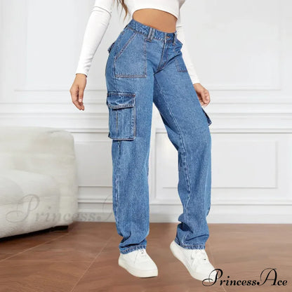 Blue Autumn Cargo Women High Waist Button Pocket Denim Pants High Quality Female Cowboy Jeans