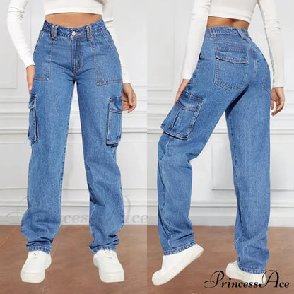 Blue Autumn Cargo Women High Waist Button Pocket Denim Pants High Quality Female Cowboy Jeans
