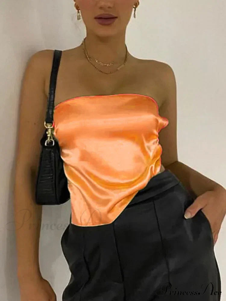 Satin Backless Crop Women Green Summer Cami Bandage Sleeveless Strapless Off Shoulder Tank top