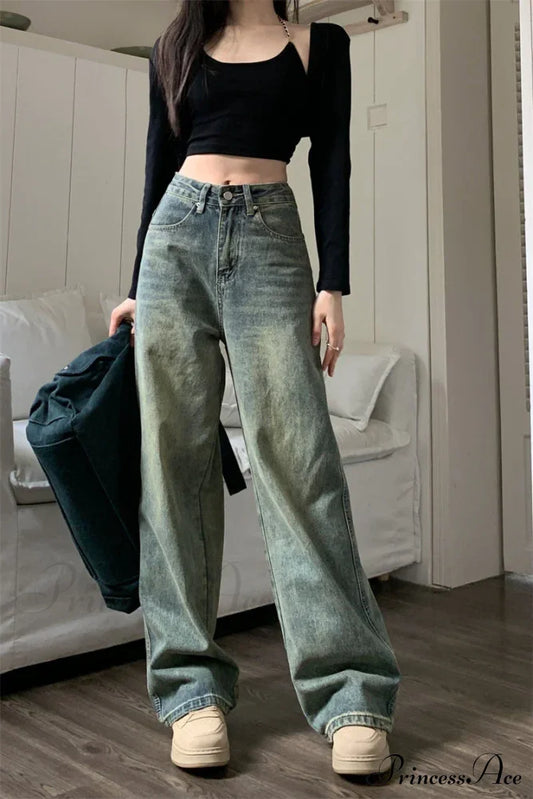 Vintage Korean Denim Pants Y2K American Retro Waist Cowboy Slim Straight Leg Wide Leg Cowboy Jeans
