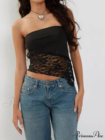 Women Chest Wrapping Solid Lace See Through Backless Casual Chic Strapless Crop Going Out Sleeveless Camis Tank top