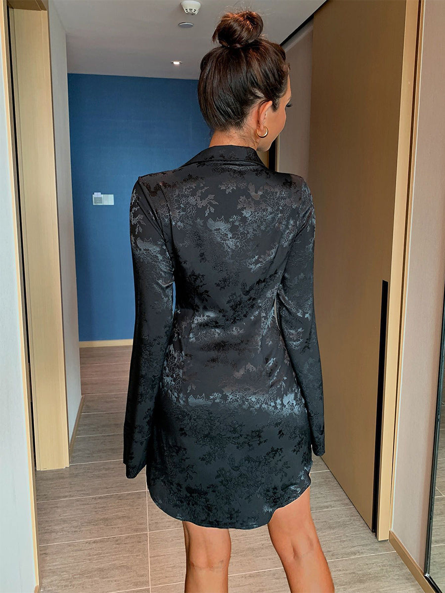 Black Shirt Dress Floral Jacquard Belted Business Casual Mini Dresses