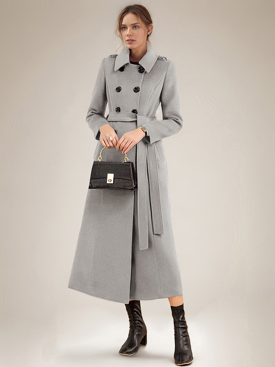 Long Wool Blend Coat For Women Burgundy Double-breasted Belted Turndown Collar Classic Winter Outerwear 2026