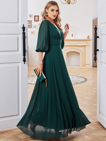 Dark Green Dress Chiffon Half Sleeves Empire Waist Prom Maxi Dresses