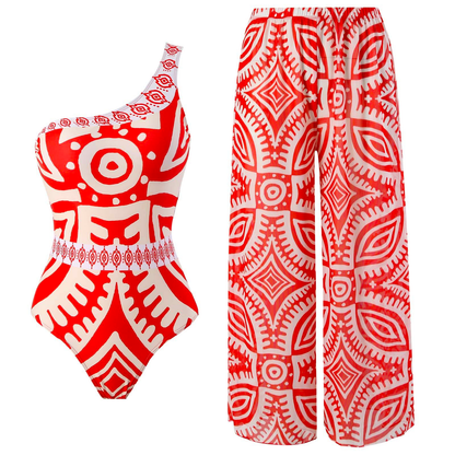 Margovil Printed One Shoulder Tummy Control Swimsuit and Wide Leg Cover Up Pants Set