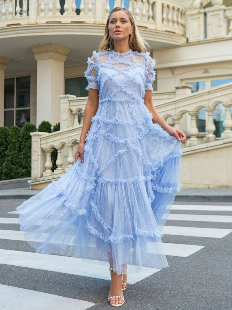 Ruffles Dress Illusion Neckline Ruffles Layered Tulle Maxi Dresses