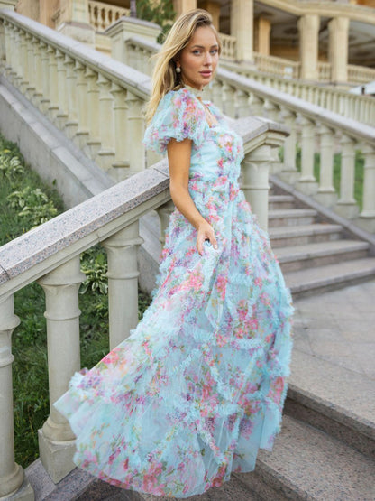Floral Dress Floral Print Puff Sleeves Belted Sweet Party Prom Maxi Dresses