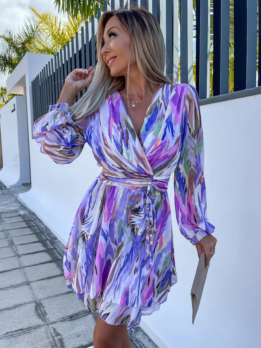 Print Short Dress Surplice Neckline Belted Lantern Sleeves Mini Dresses