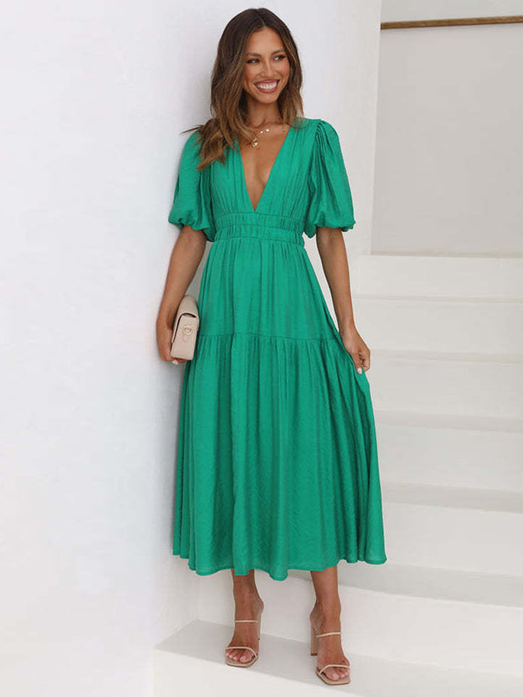 V-Neck Summer Dress Short Sleeves Elastic Waist A-Line Maxi Dresses