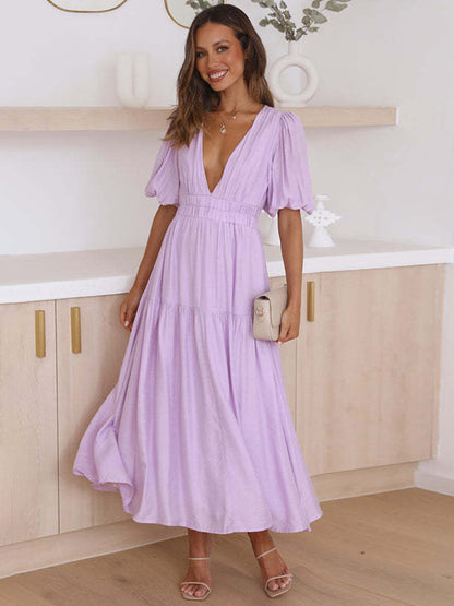V-Neck Summer Dress Short Sleeves Elastic Waist A-Line Maxi Dresses