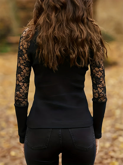Lace Long Sleeves Tees High Collar Black Sexy Women's Top