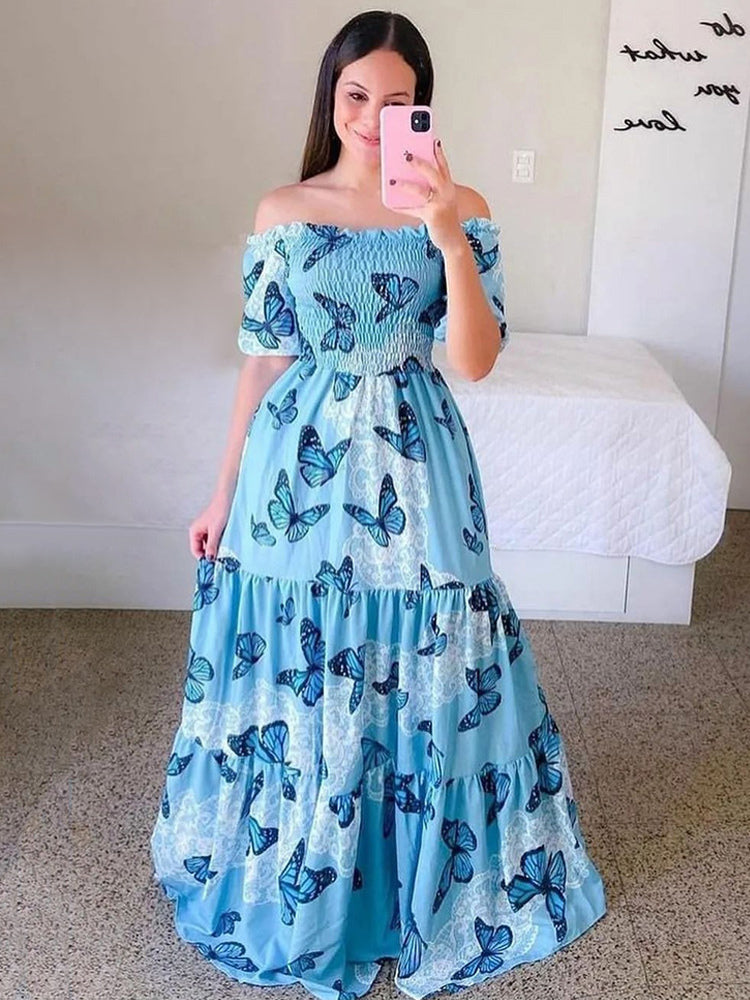 Printed Off Shoulder Smocked Maxi Dress for Women - Short Sleeves Tiered A-Line Sun Dress - Summer Beach Vacation 2026