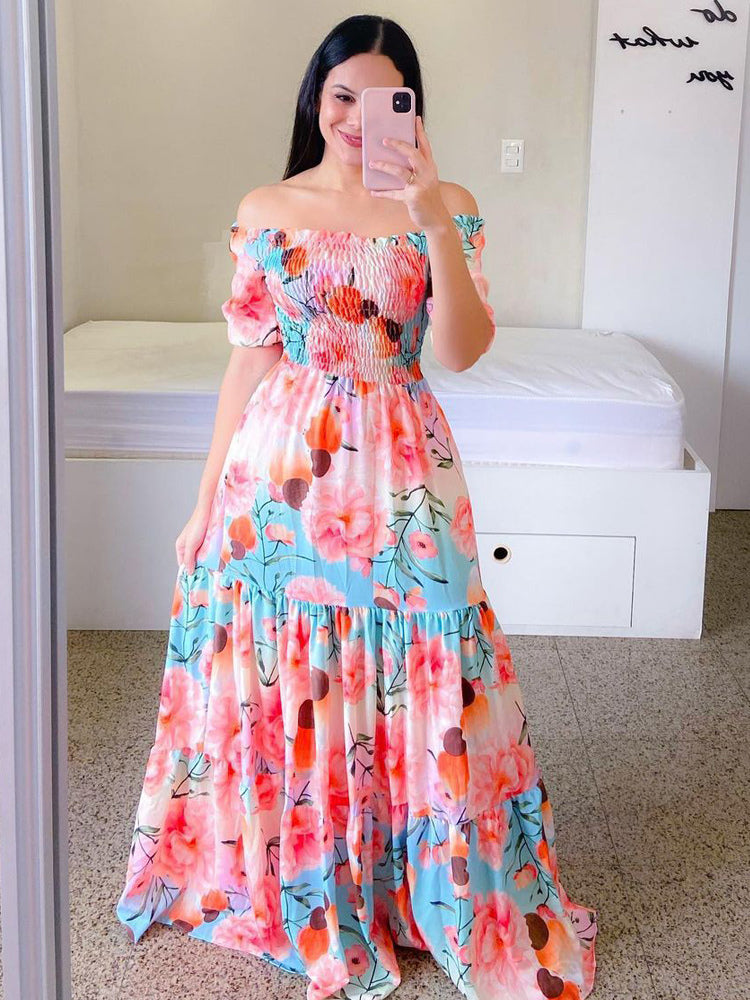 Printed Off Shoulder Smocked Maxi Dress for Women - Short Sleeves Tiered A-Line Sun Dress - Summer Beach Vacation 2026
