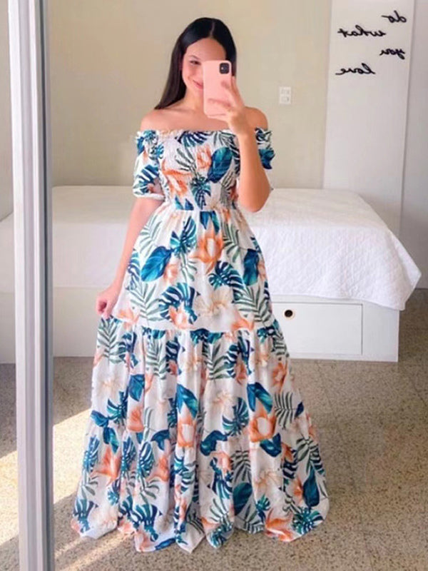 Printed Off Shoulder Smocked Maxi Dress for Women - Short Sleeves Tiered A-Line Sun Dress - Summer Beach Vacation 2026