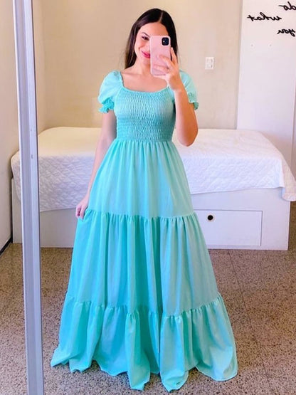 A-Line Dress Smocked Short Sleeves Tiered Ruffles Summer Maxi Dresses
