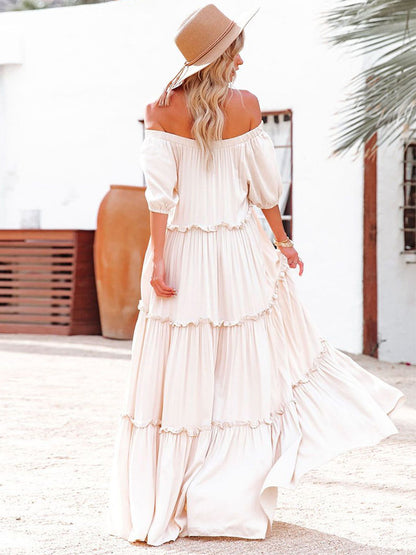Boho Off Shoulder Tiered Maxi Dress for Women - Cream Puff Sleeve Flowy Long Gown - Summer Beach Resort 2026