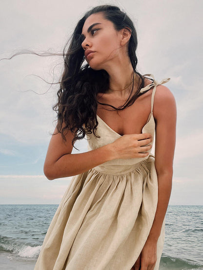 100% Cotton Backless Maxi Slip Dress for Women - Boho Tie Shoulder V Neck A-Line Sun Dress - Summer Beach Holiday 2026