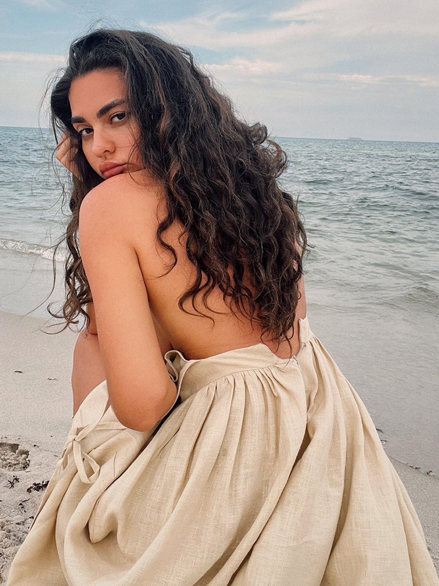 100% Cotton Backless Maxi Slip Dress for Women - Boho Tie Shoulder V Neck A-Line Sun Dress - Summer Beach Holiday 2026