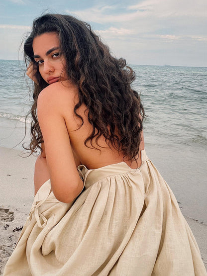 100% Cotton Backless Maxi Slip Dress for Women - Boho Tie Shoulder V Neck A-Line Sun Dress - Summer Beach Holiday 2026