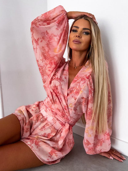 Loose Romper Printed V-Neck Lantern Sleeves Belted Casual Resort Jumpsuit